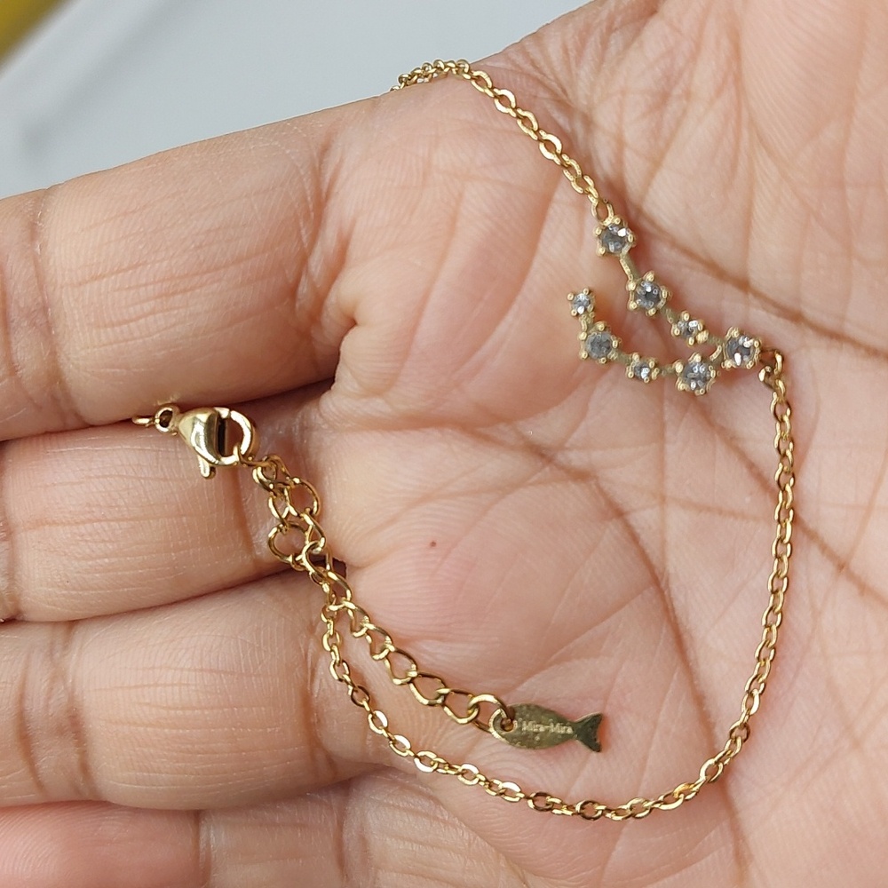 Crystal Paved Gemini Charm 14k Gold Plated Stainless Steel Bracelet